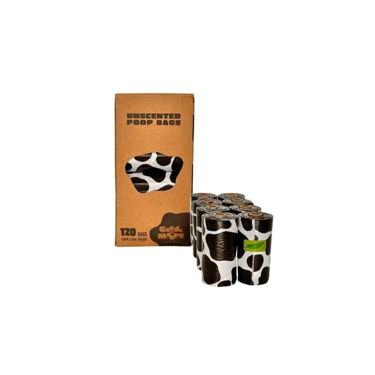 Dog Poop Bags - Cute Cow-Printed Disposable Waste Bags Guaranteed Leak Proof Unscented 120 Count 8 Rolls