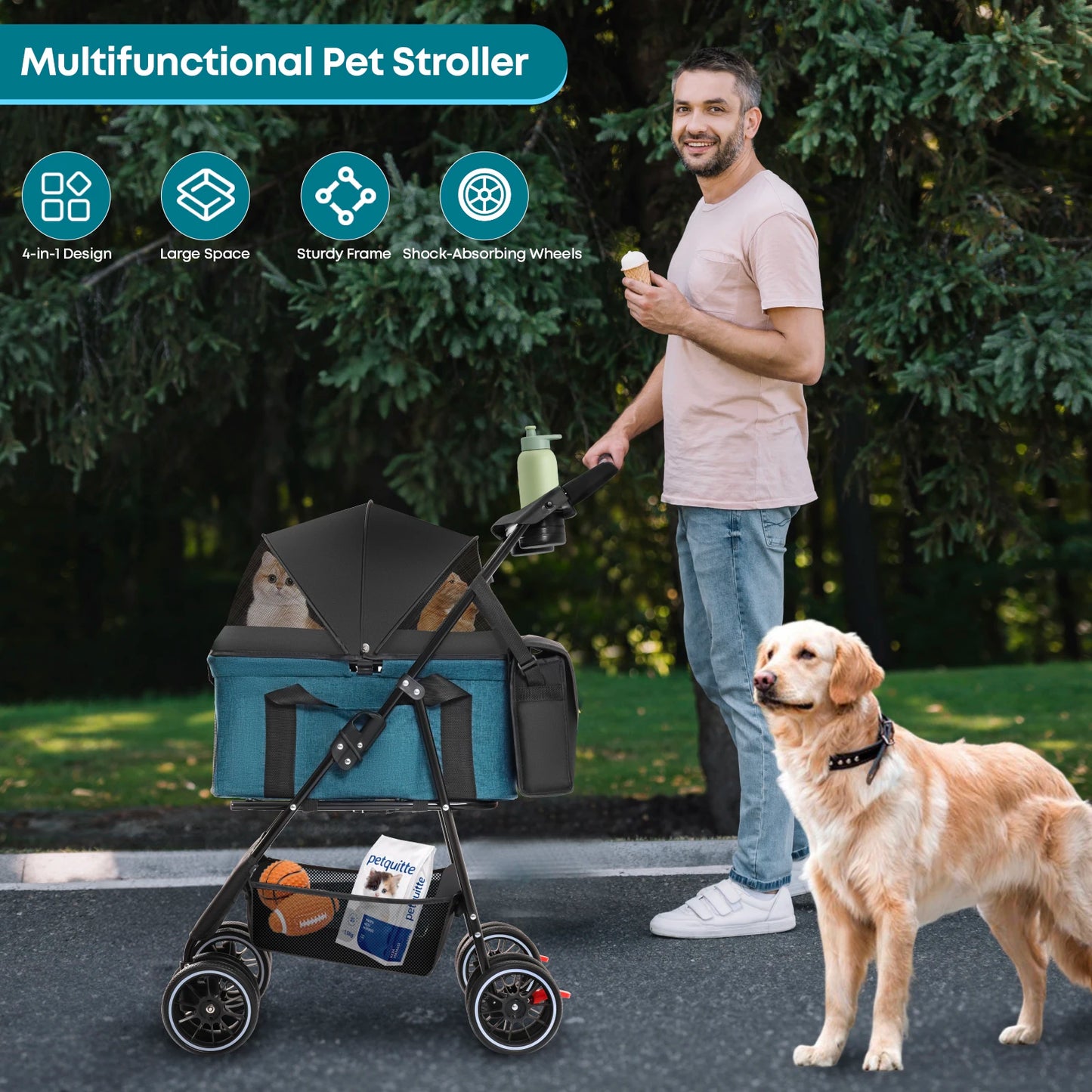 Pet Stroller with Canopy 4 Wheels Pet Strolling Cart for Small/Medium Dogs and Cats with Removable Carrier Breathable Mesh