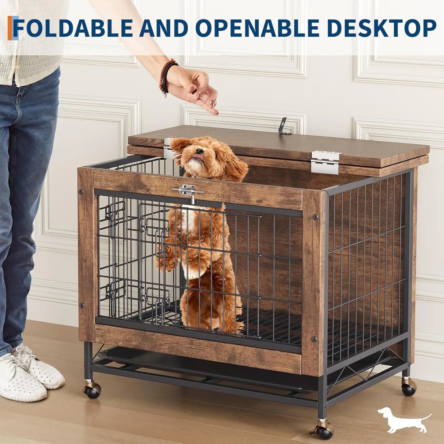 Dog Crate Furniture 26 Inch Indoor Wooden Kennel Double-Door Pet Cage with Wheels/Removable Tray, Indoor Pet Side Table Dog Box