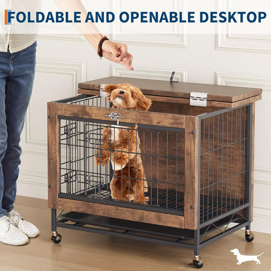 Dog Crate Furniture 26 Inch Indoor Wooden Kennel Double-Door Pet Cage with Wheels/Removable Tray, Indoor Pet Side Table Dog Box
