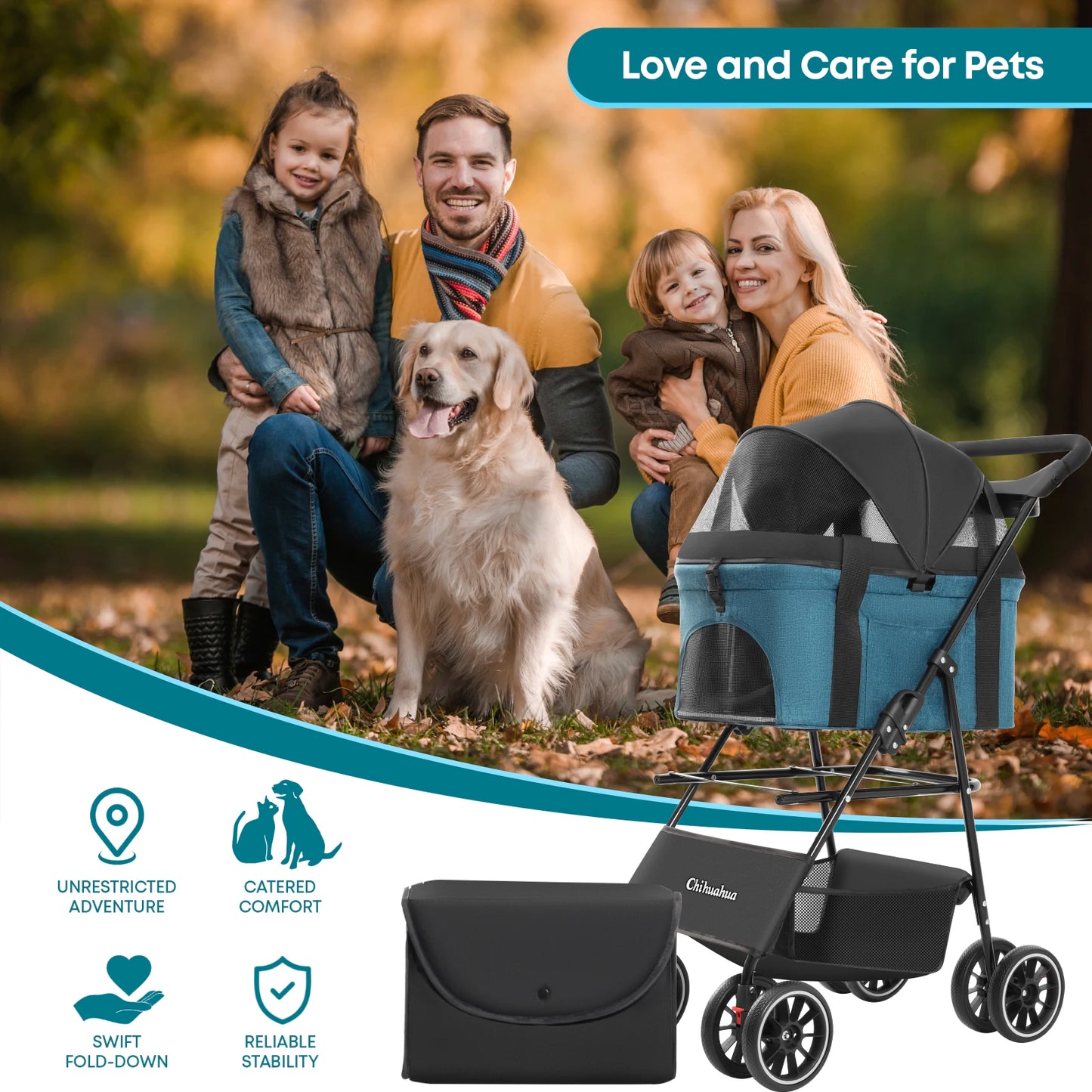 Pet Stroller with Canopy 4 Wheels Pet Strolling Cart for Small/Medium Dogs and Cats with Removable Carrier Breathable Mesh