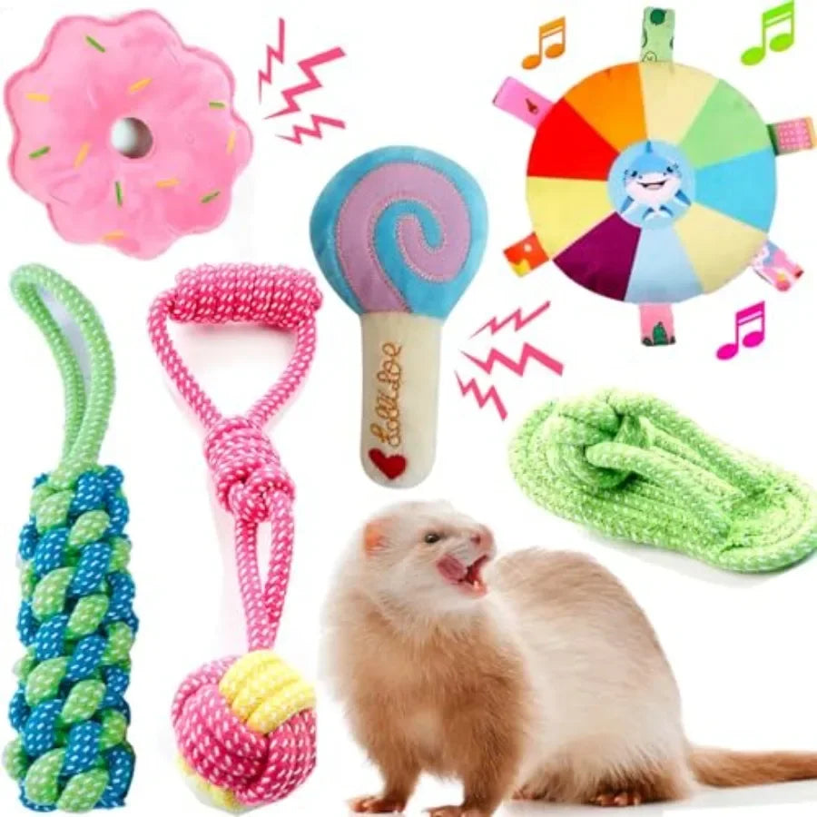 6 Pack Ferret Chew Toys Ferret Bell Ba Squeaker Toys Squeak Toy Teething Pet Toy Durable Knotted Tug of war Toy Cotton Chew Toy