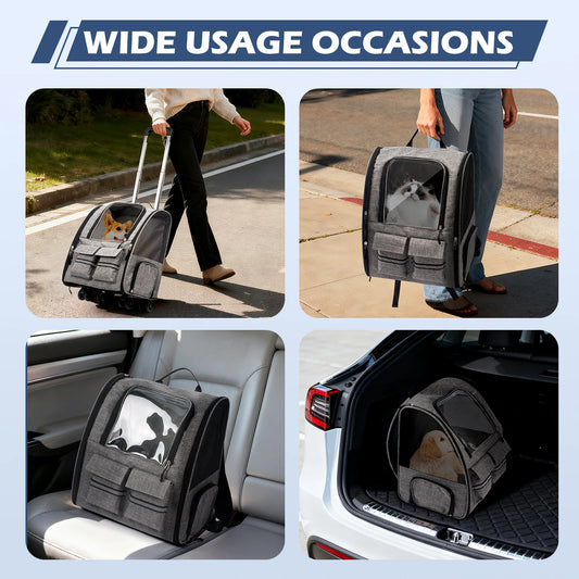 Rolling Pet Carrier Backpack with Removable Wheels, Large Pet Carrier with Wheels, Foldable Rolling Dog Carrier with Wheels