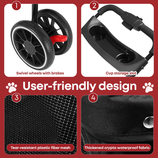 Pet Stroller For Small Medium Cats&Dogs 3 Wheels Foldable with Breathable Mesh Canopy Pet Travel Carrier Suitable Outdoor Travel