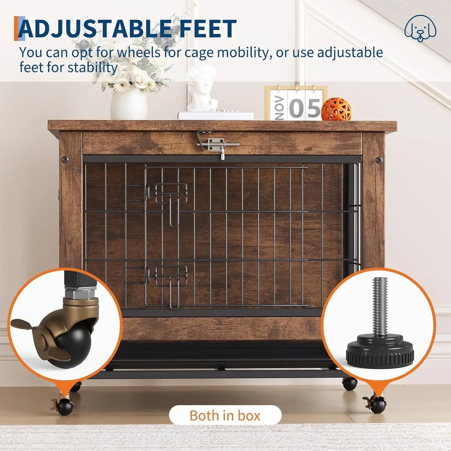 Dog Crate Furniture 26 Inch Indoor Wooden Kennel Double-Door Pet Cage with Wheels/Removable Tray, Indoor Pet Side Table Dog Box