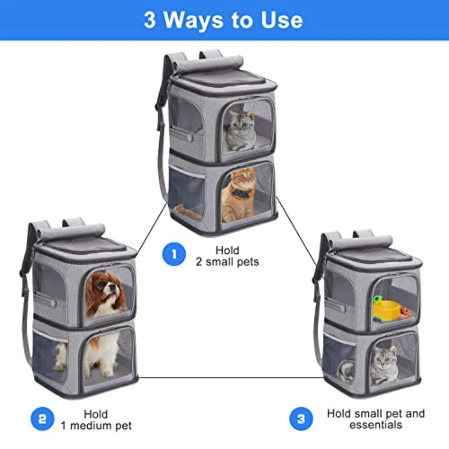 2-in-1 Double Pet Carrier Backpack for Small Cats and Dogs Portable Pet Travel Carrier Super Ventilated Design Ideal for Travel