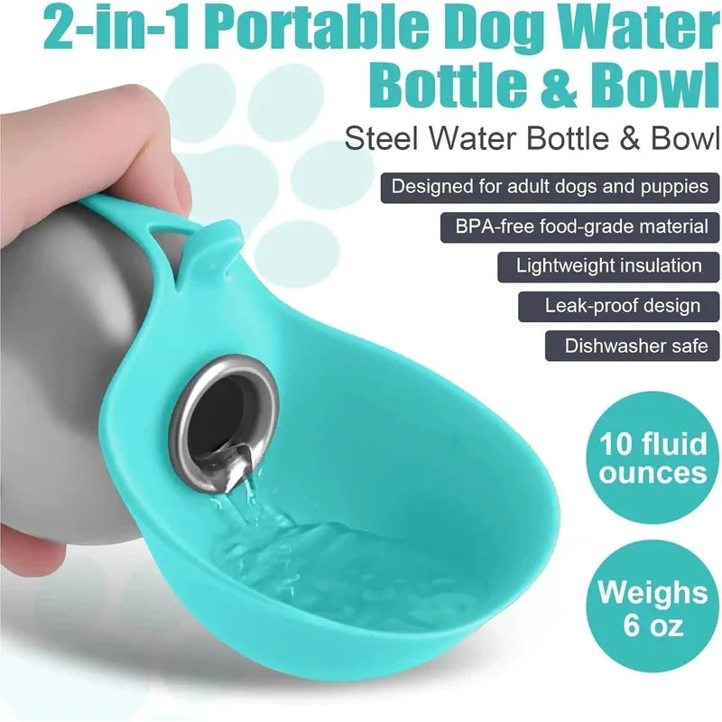 Dogs Cats Stainless Steel Water Bottle 285ml Leak-Proof with Silicone Bowl for Walks Hikes Outdoor Pet Water Dispenser