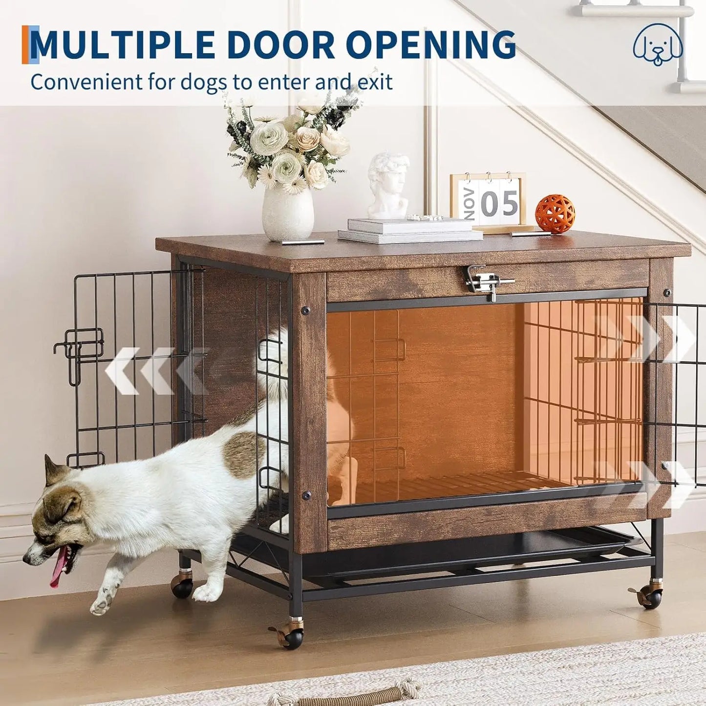 Dog Crate Furniture 26 Inch Indoor Wooden Kennel Double-Door Pet Cage with Wheels/Removable Tray, Indoor Pet Side Table Dog Box