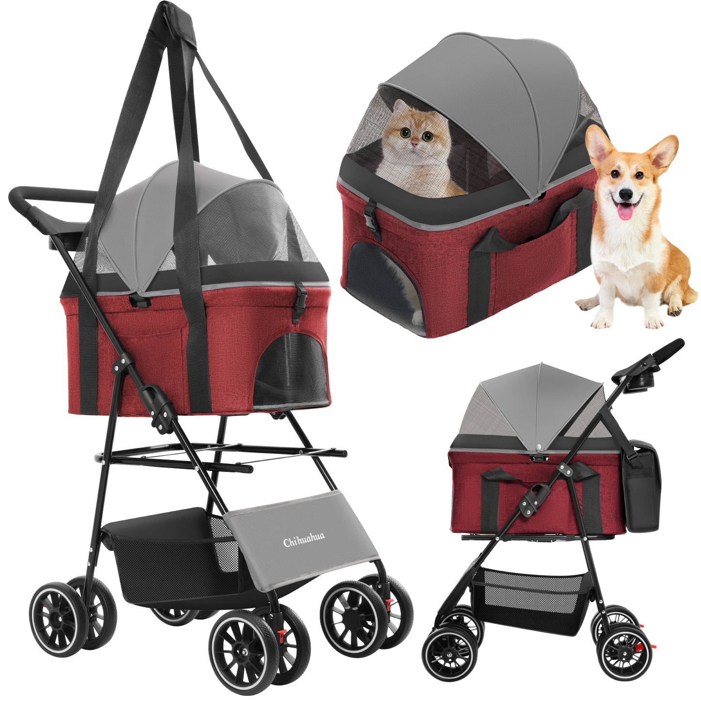 Pet Stroller with Canopy 4 Wheels Pet Strolling Cart for Small/Medium Dogs and Cats with Removable Carrier Breathable Mesh
