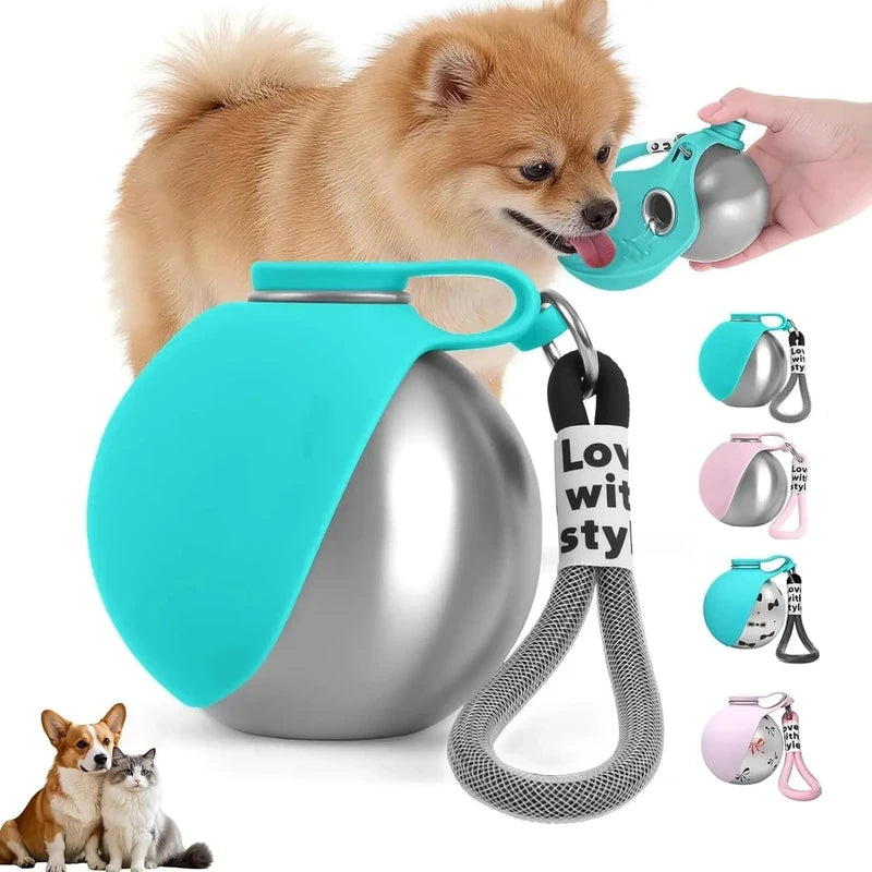 Dogs Cats Stainless Steel Water Bottle 285ml Leak-Proof with Silicone Bowl for Walks Hikes Outdoor Pet Water Dispenser