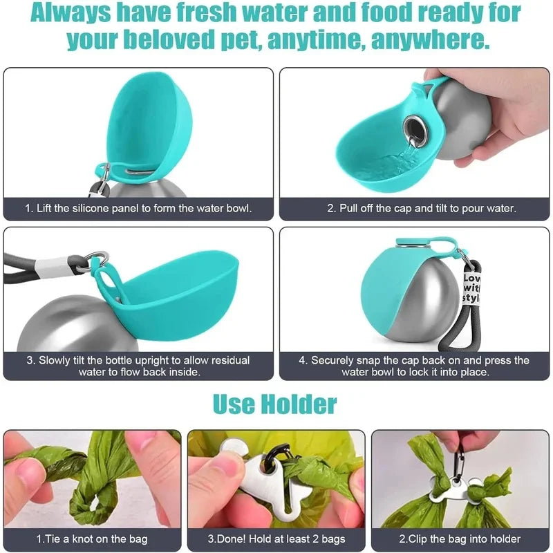 Dogs Cats Stainless Steel Water Bottle 285ml Leak-Proof with Silicone Bowl for Walks Hikes Outdoor Pet Water Dispenser