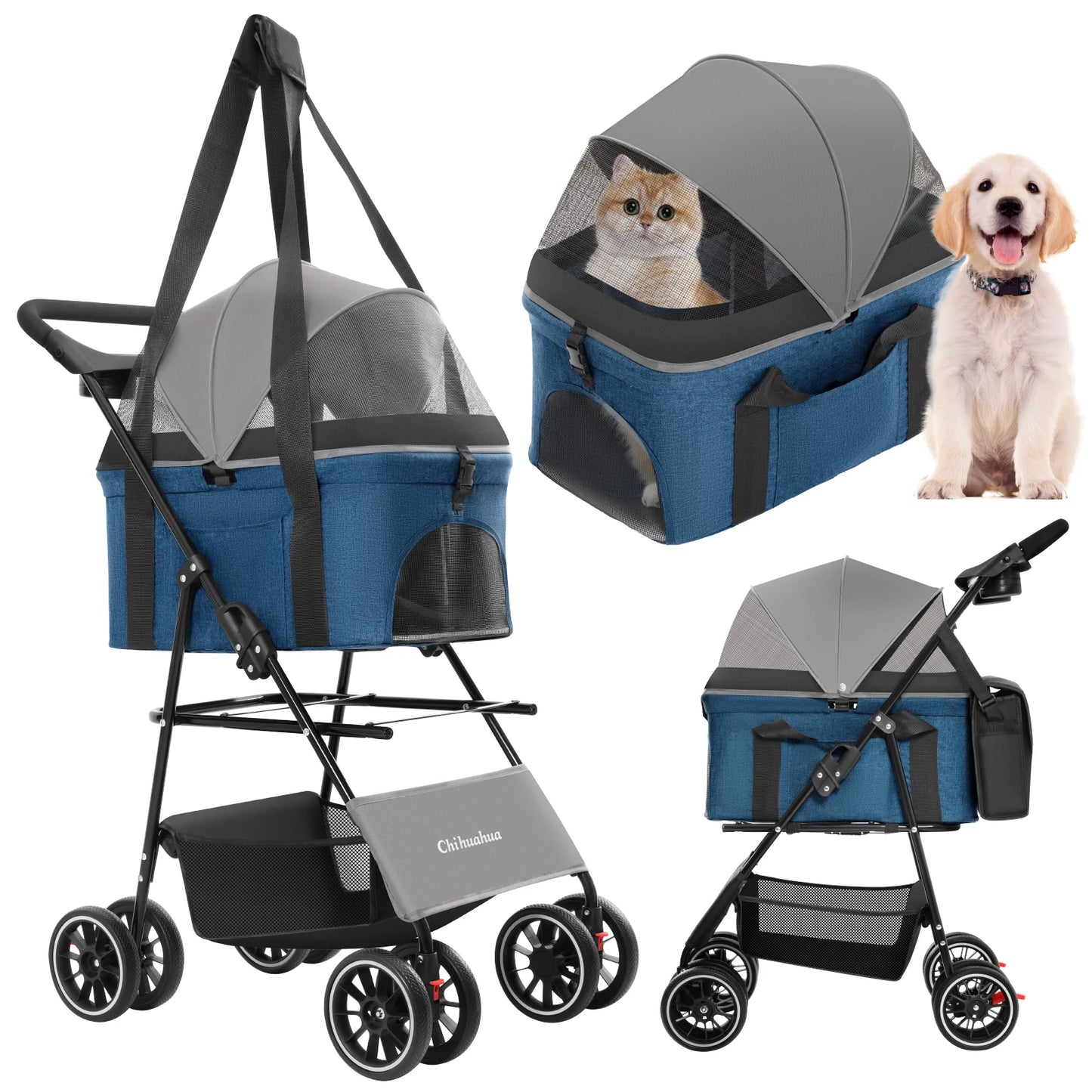 Pet Stroller with Canopy 4 Wheels Pet Strolling Cart for Small/Medium Dogs and Cats with Removable Carrier Breathable Mesh