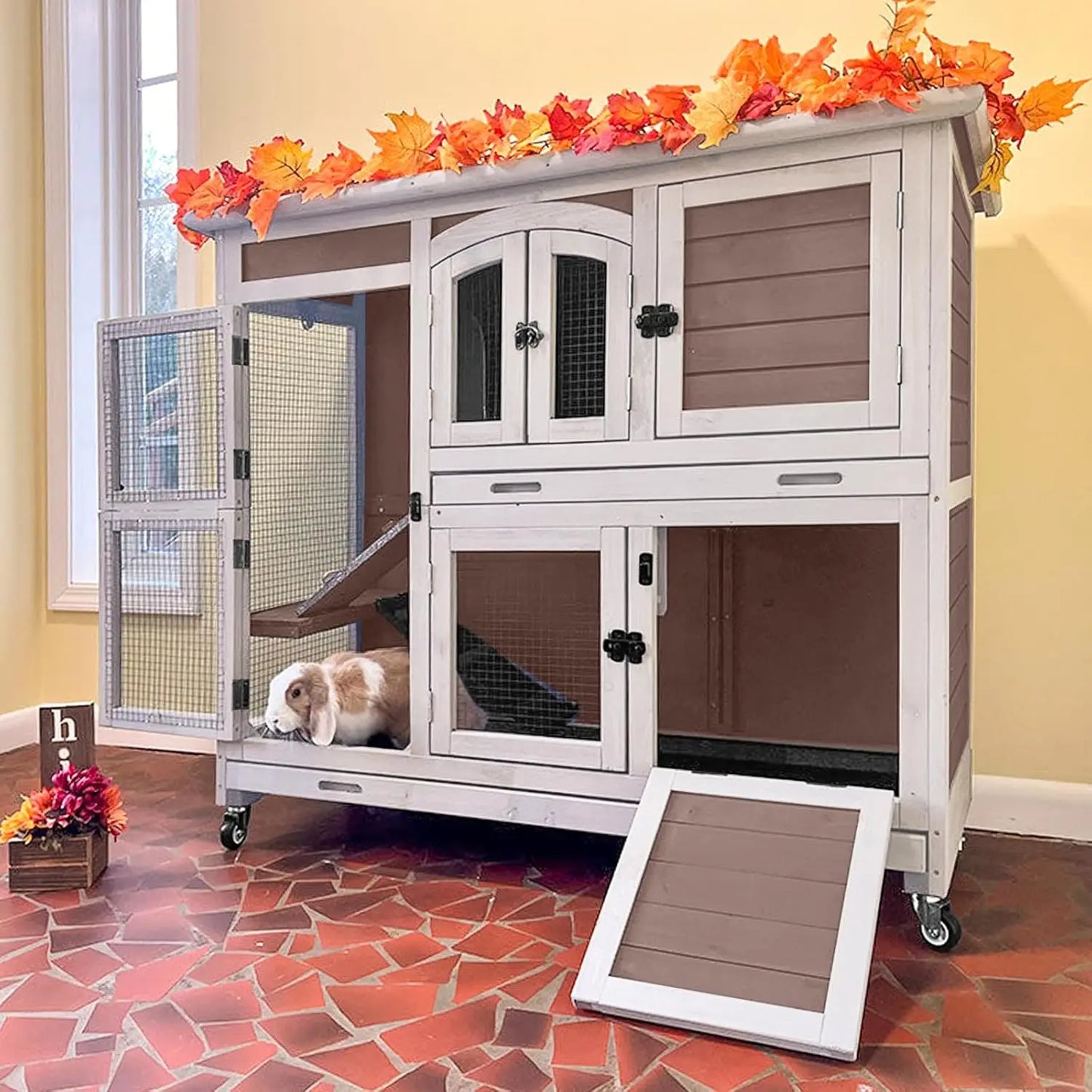 Rabbit Hutch Indoor Bunny House Guinea Pig Cage with Sliding Plastic Trays, Wheels & Ramp, Multi-Door Wooden Small Animal Cage