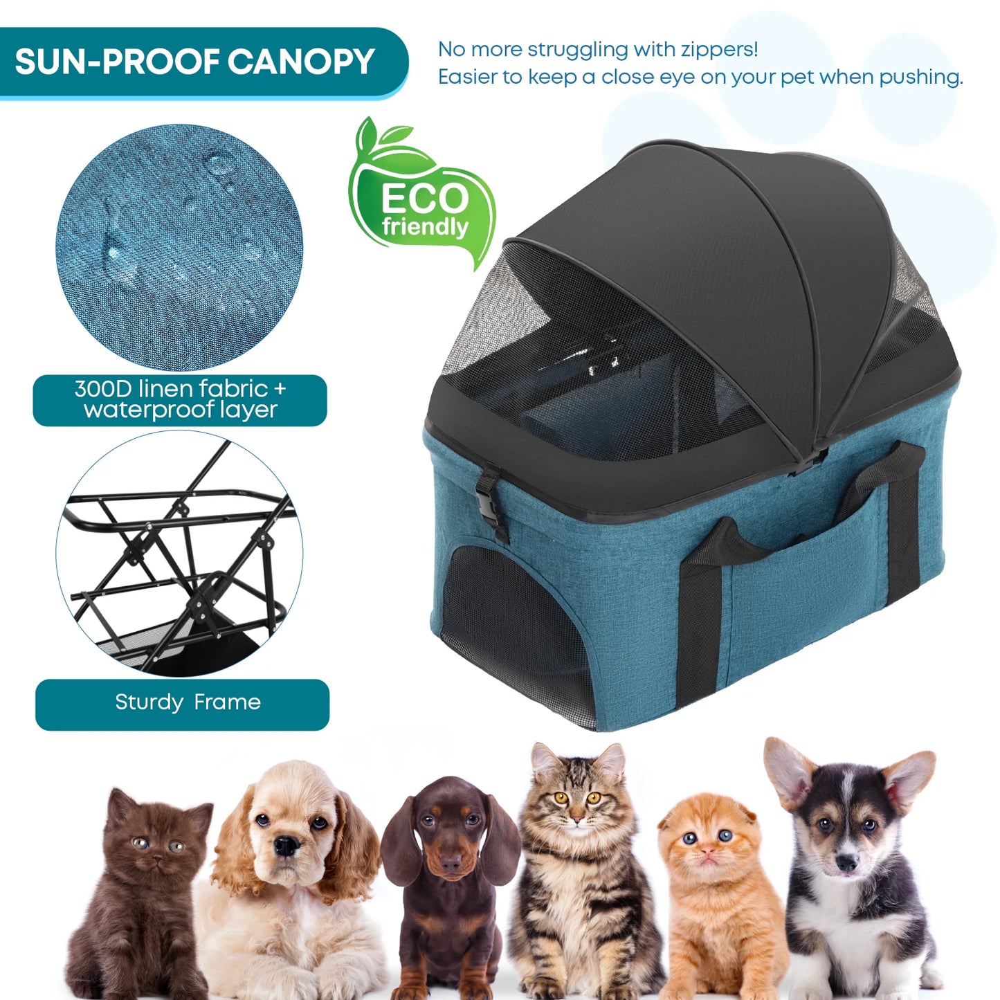Pet Stroller with Canopy 4 Wheels Pet Strolling Cart for Small/Medium Dogs and Cats with Removable Carrier Breathable Mesh