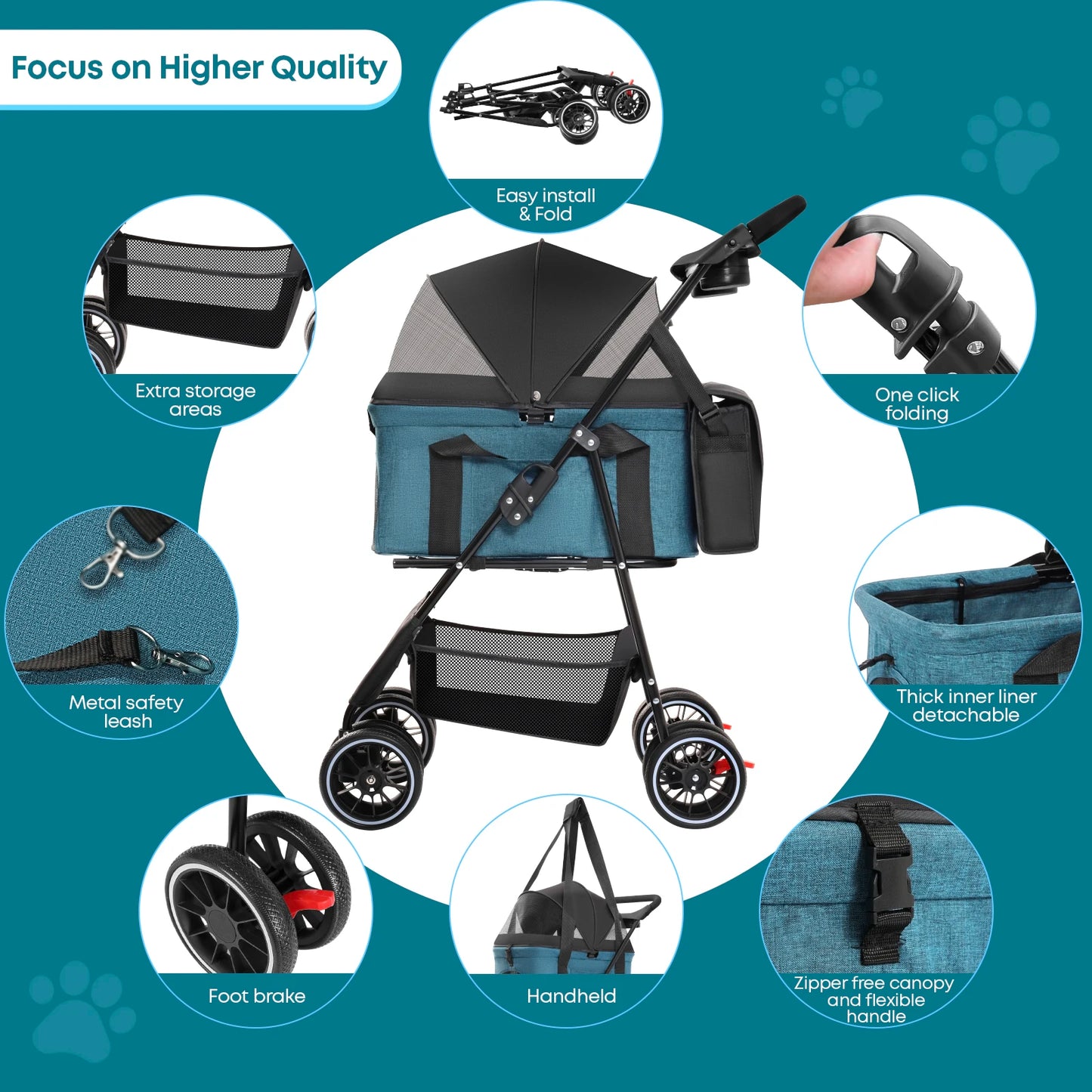 Pet Stroller with Canopy 4 Wheels Pet Strolling Cart for Small/Medium Dogs and Cats with Removable Carrier Breathable Mesh