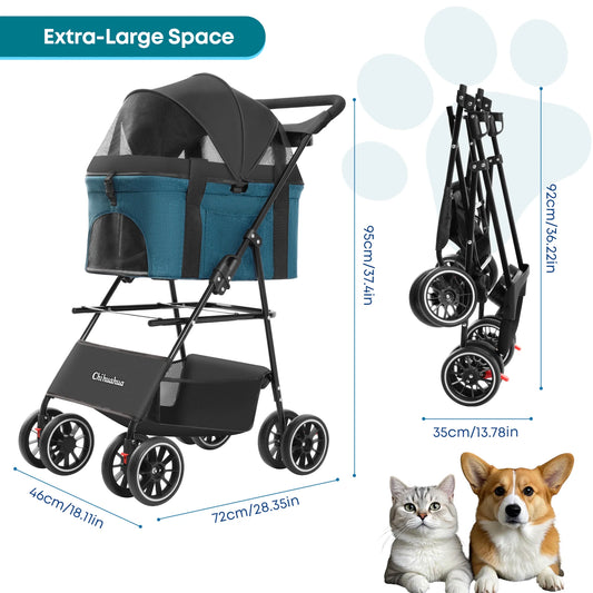 Pet Stroller with Canopy 4 Wheels Pet Strolling Cart for Small/Medium Dogs and Cats with Removable Carrier Breathable Mesh
