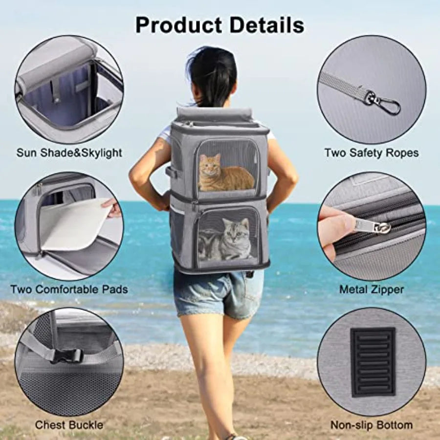 2-in-1 Double Pet Carrier Backpack for Small Cats and Dogs Portable Pet Travel Carrier Super Ventilated Design Ideal for Travel