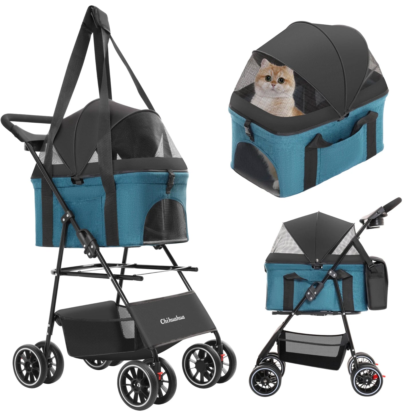 Pet Stroller with Canopy 4 Wheels Pet Strolling Cart for Small/Medium Dogs and Cats with Removable Carrier Breathable Mesh