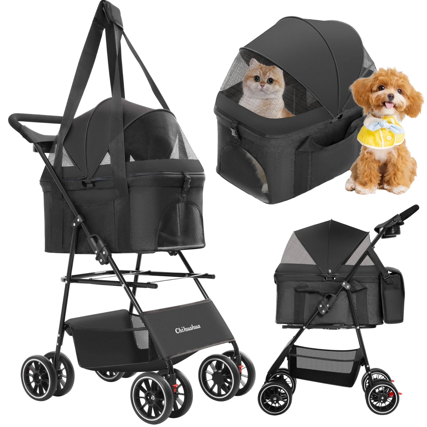 Pet Stroller with Canopy 4 Wheels Pet Strolling Cart for Small/Medium Dogs and Cats with Removable Carrier Breathable Mesh